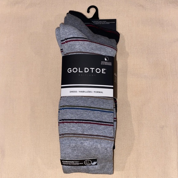 Gold Toe Other - 3 Pairs Gold Toe Mens Grey Black Striped Dress Crew Socks Aquafx Size 6-12.5 NEW